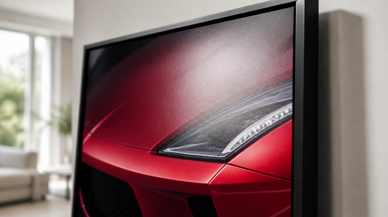Gros plan d'une affiche voiture de sport encadrée montrant l'aile avant et l'optique d'un coupé rouge