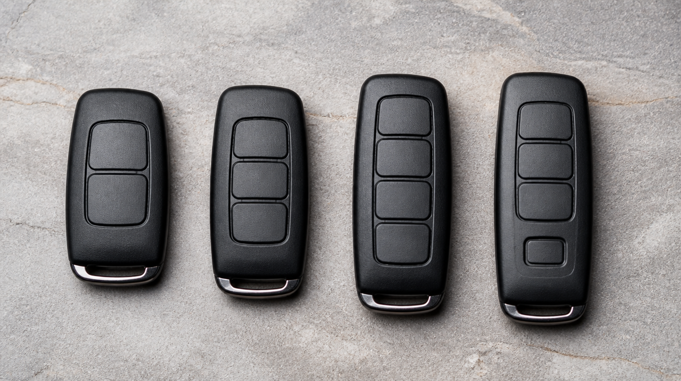 Quatre clés de voiture alignées avec deux, trois et quatre boutons pour comparer les coques