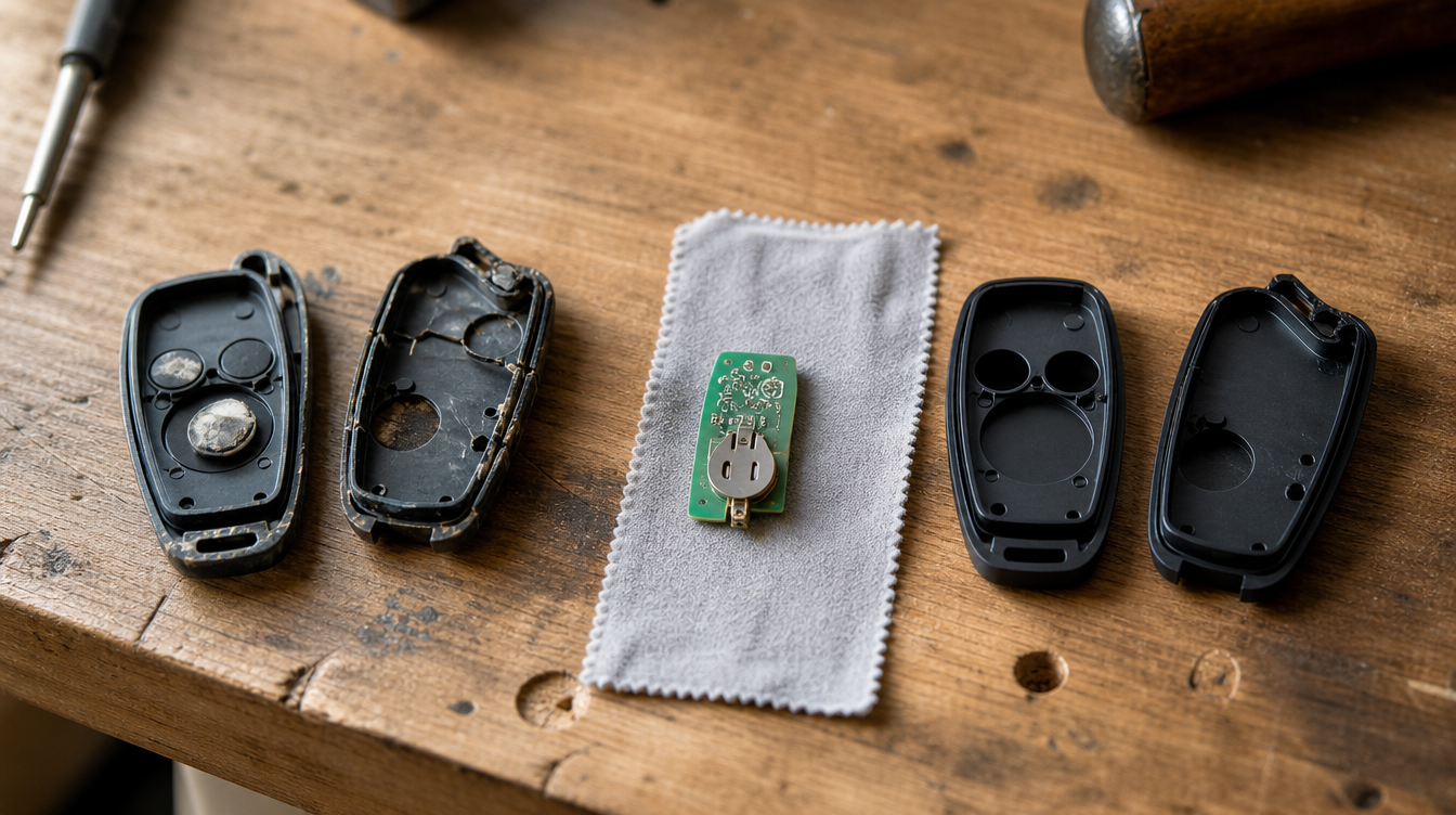 Coque de clé voiture fissurée ouverte à côté d'une coque neuve et de la carte électronique à transférer, sur un établi