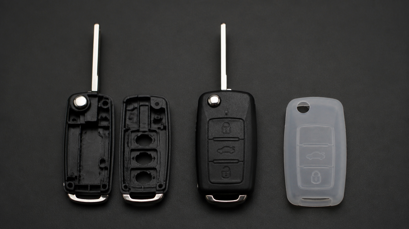 Coque de clé voiture nue, clé complète assemblée et étui silicone posés côte à côte