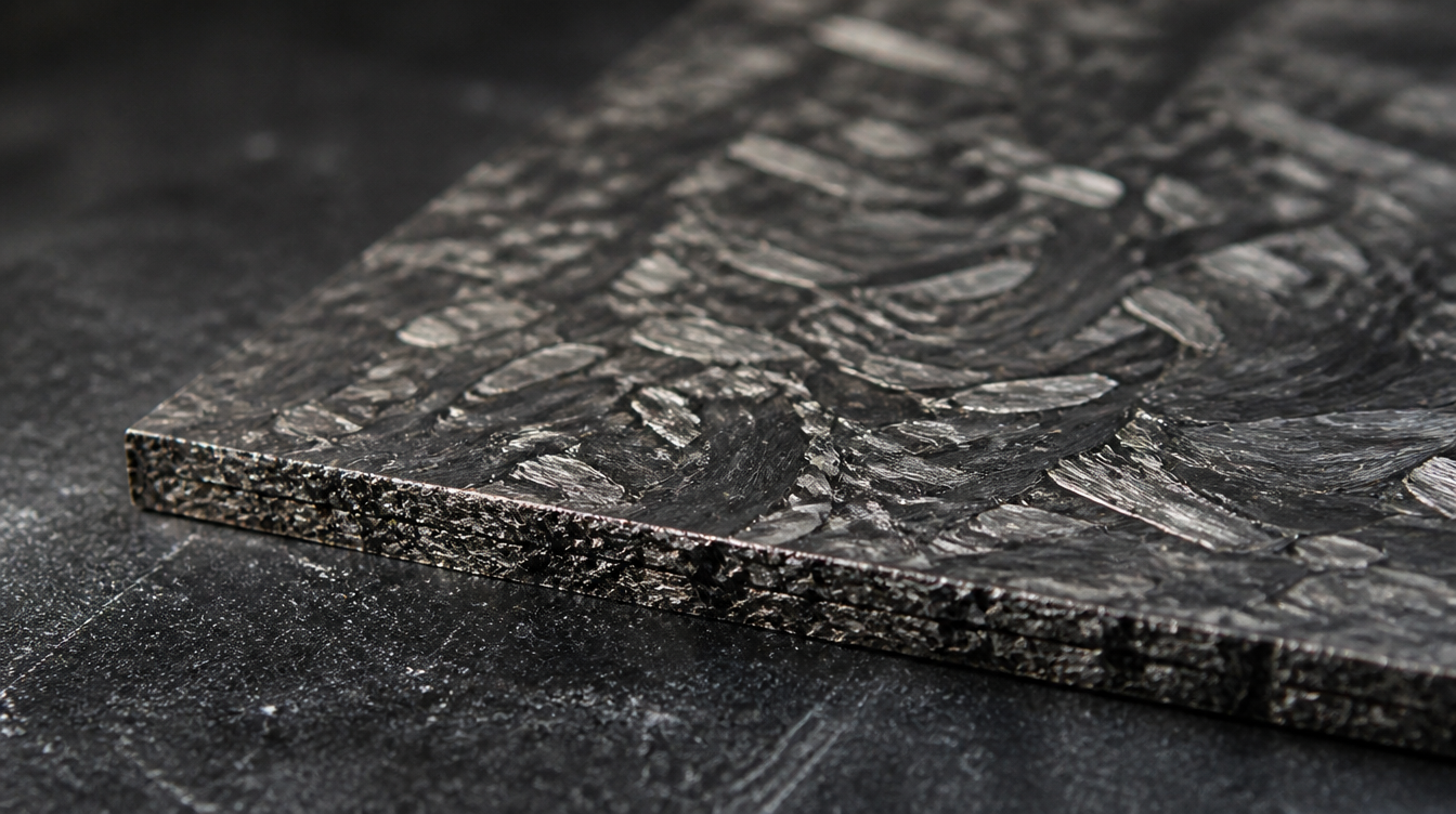 Macro d'un panneau en forged carbon au marbré aléatoire, sans tissage régulier