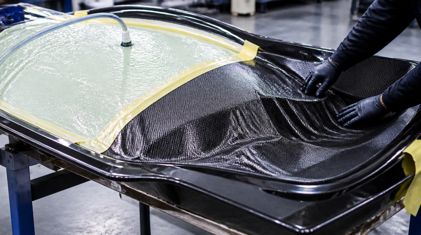 Moule de capot carbone avec tissu sec drapé et bâche à vide en cours de fermeture