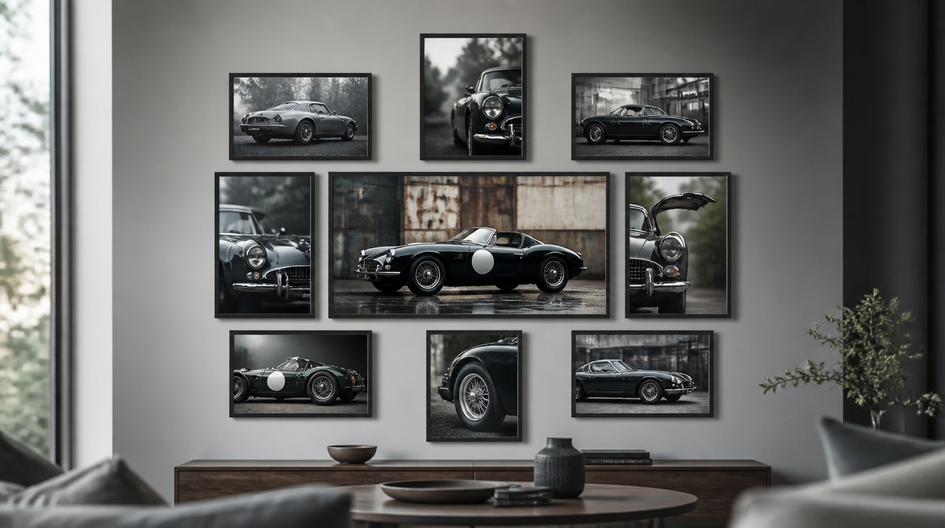 Mur de cadres composé de neuf affiches voiture en cadres noirs identiques