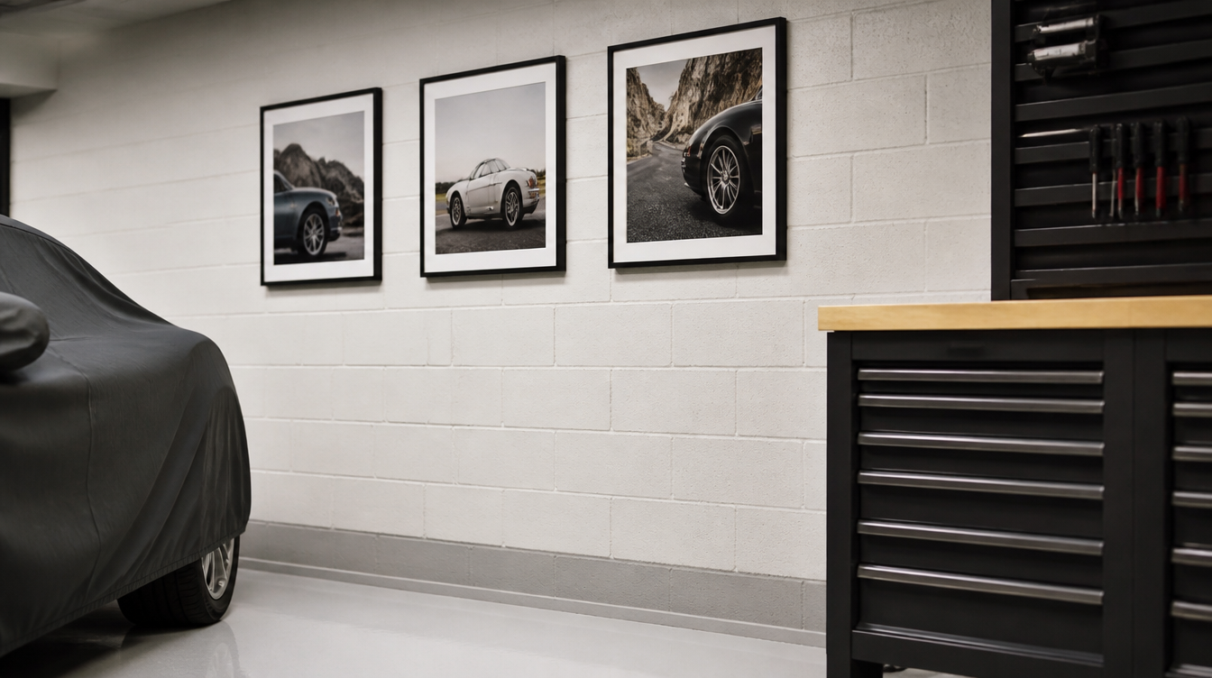 Trois affiches voiture encadrées alignées au-dessus d'un établi dans un garage clair