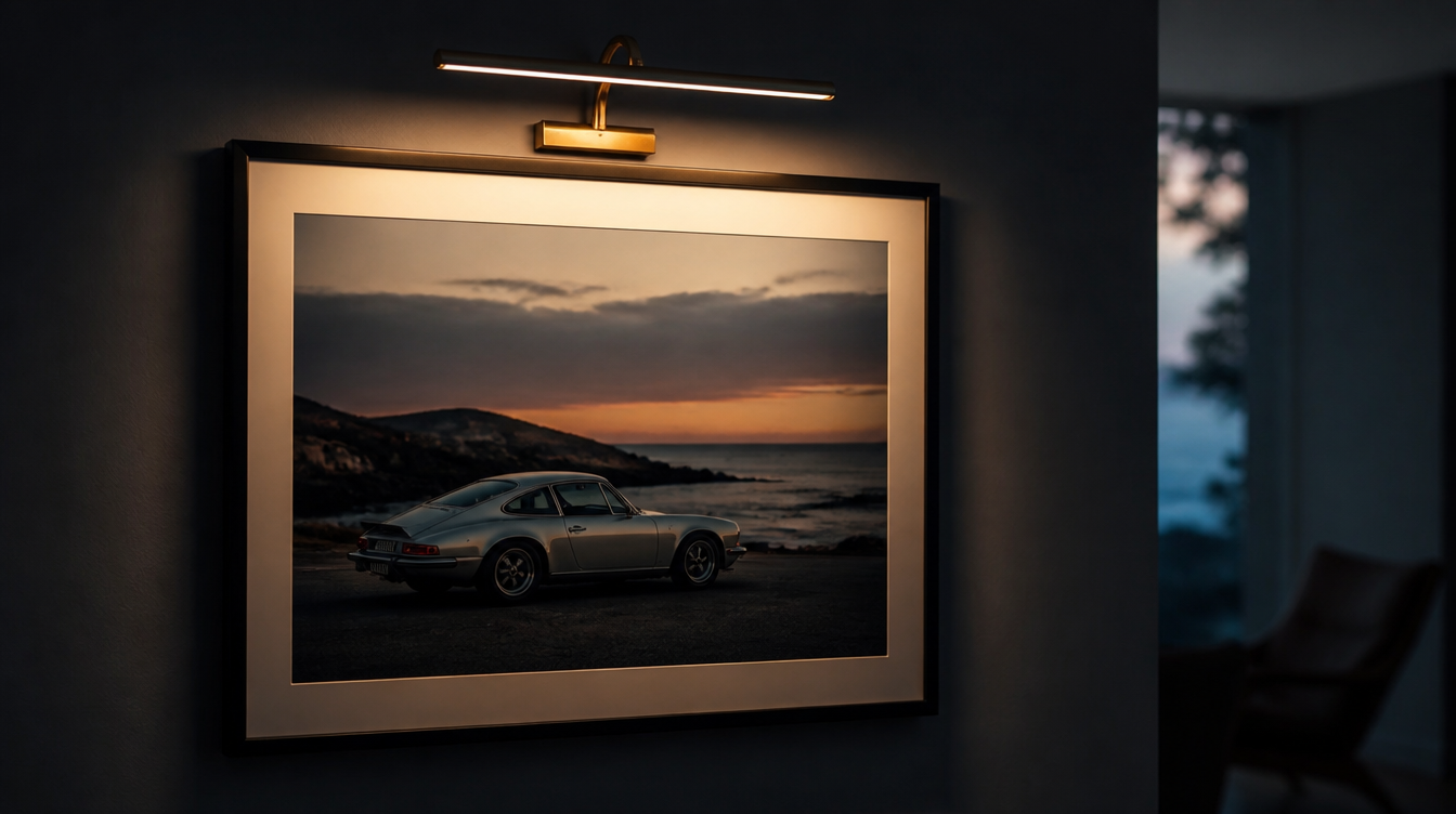 Applique de tableau en laiton éclairant une affiche voiture encadrée dans une pièce sombre