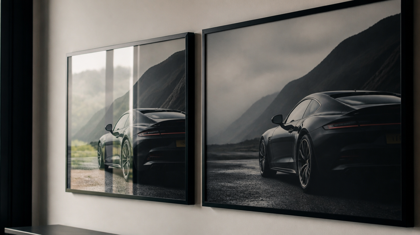 Comparaison des reflets entre un cadre d'affiche voiture vitré et un cadre en plexiglas mat