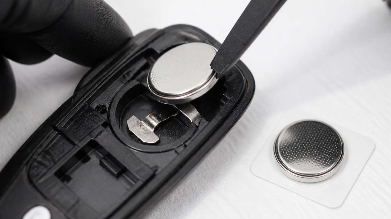 Remplacement de la pile bouton lithium dans une coque de clé voiture ouverte