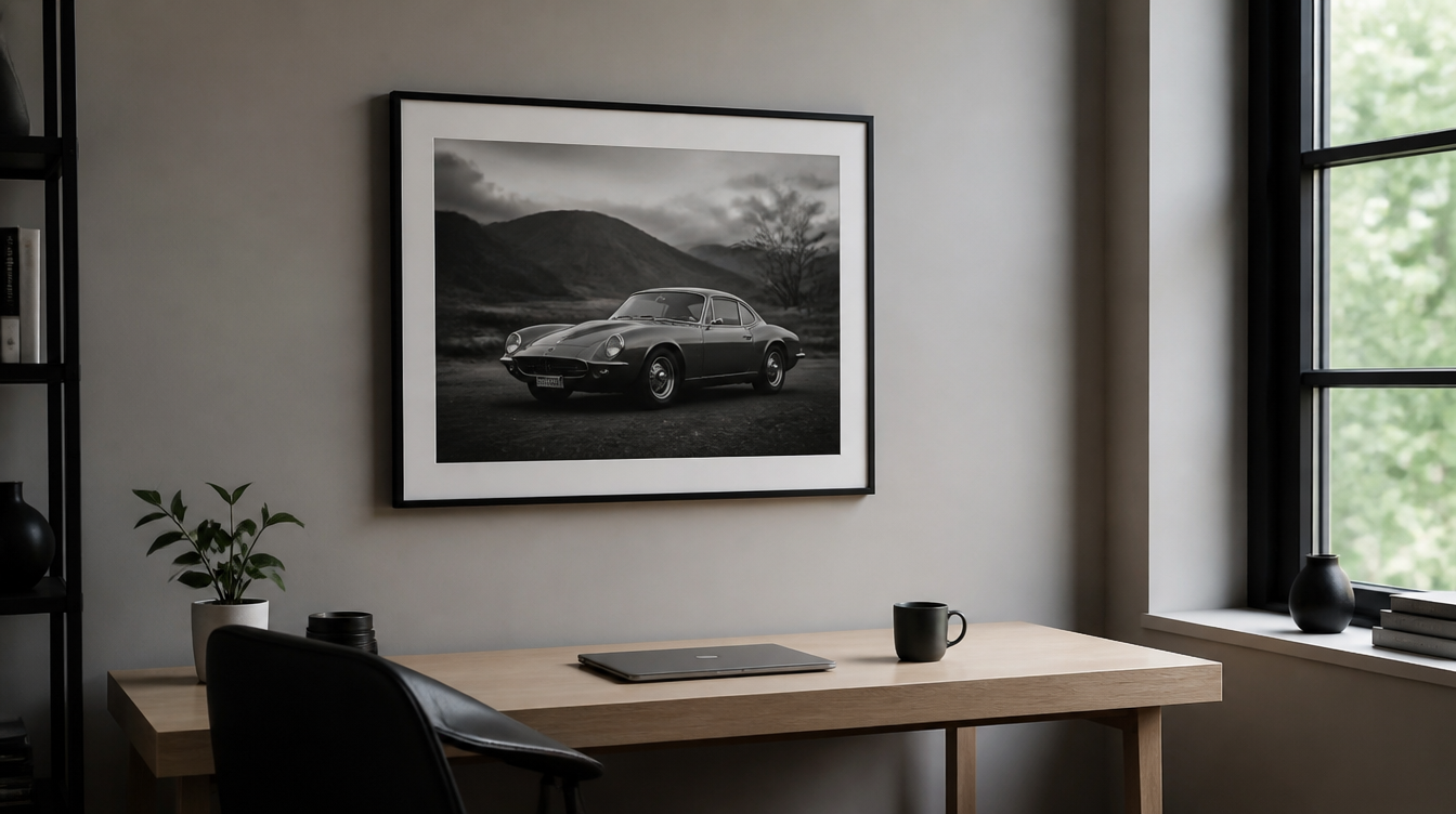 Affiche voiture noir et blanc encadrée sur le mur latéral d'un bureau avec écran fermé
