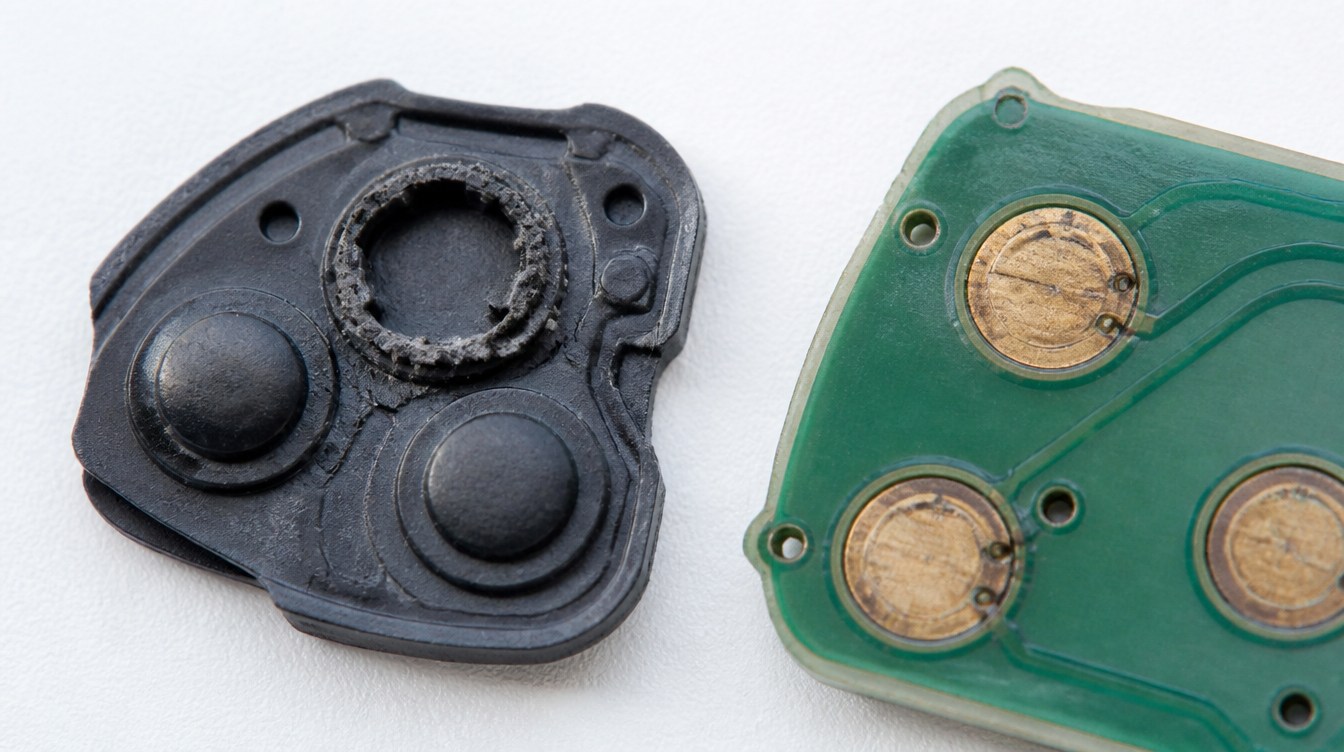 Membrane de boutons d'une clé de voiture usée avec sa pastille de carbone désagrégée
