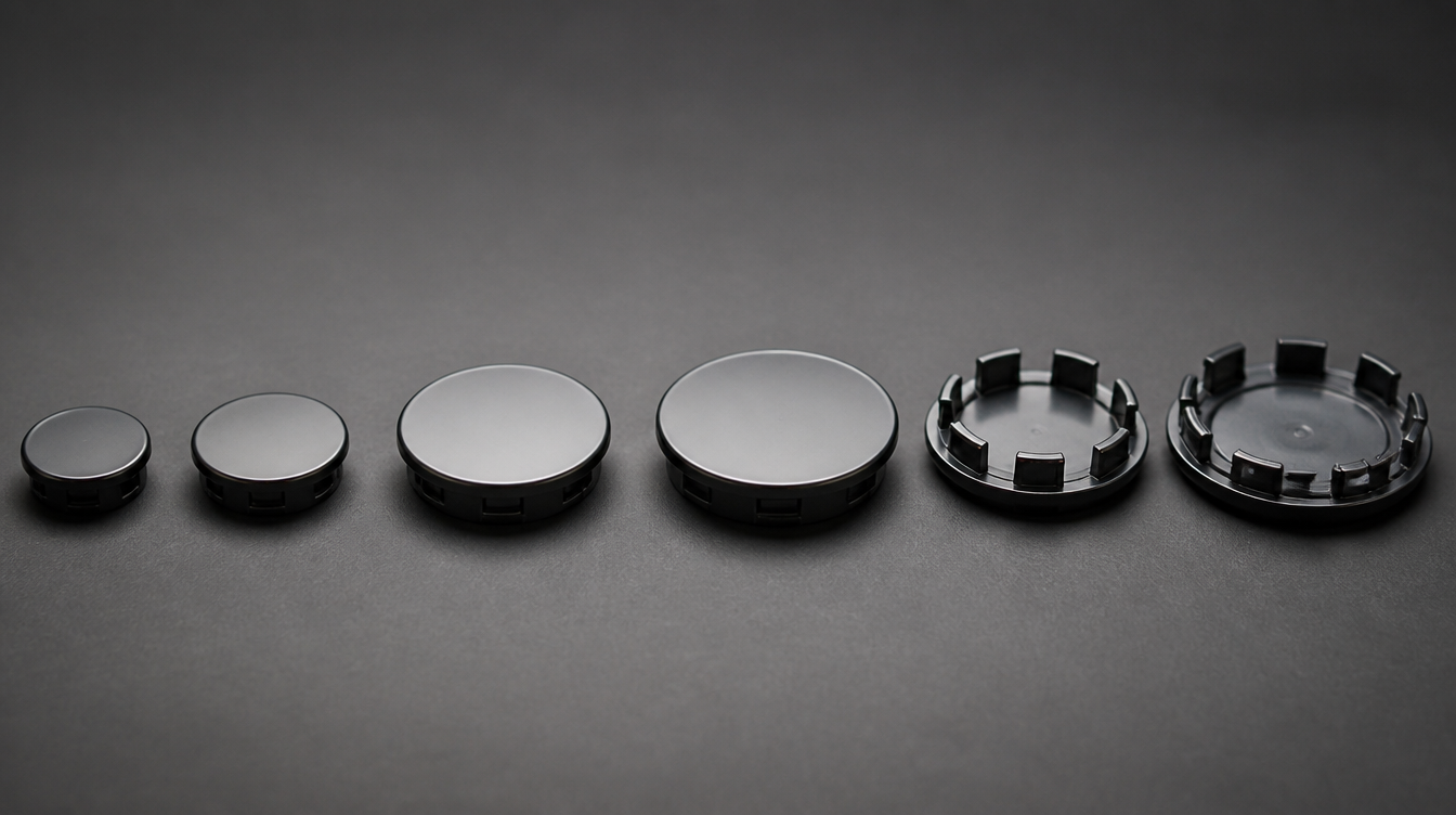 Six cache-moyeux de diamètres croissants alignés, du 56 au 75 mm