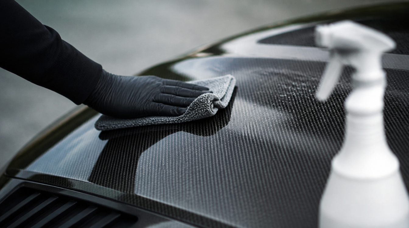 Chiffon microfibre passé sur le vernis d'un capot carbone protégé