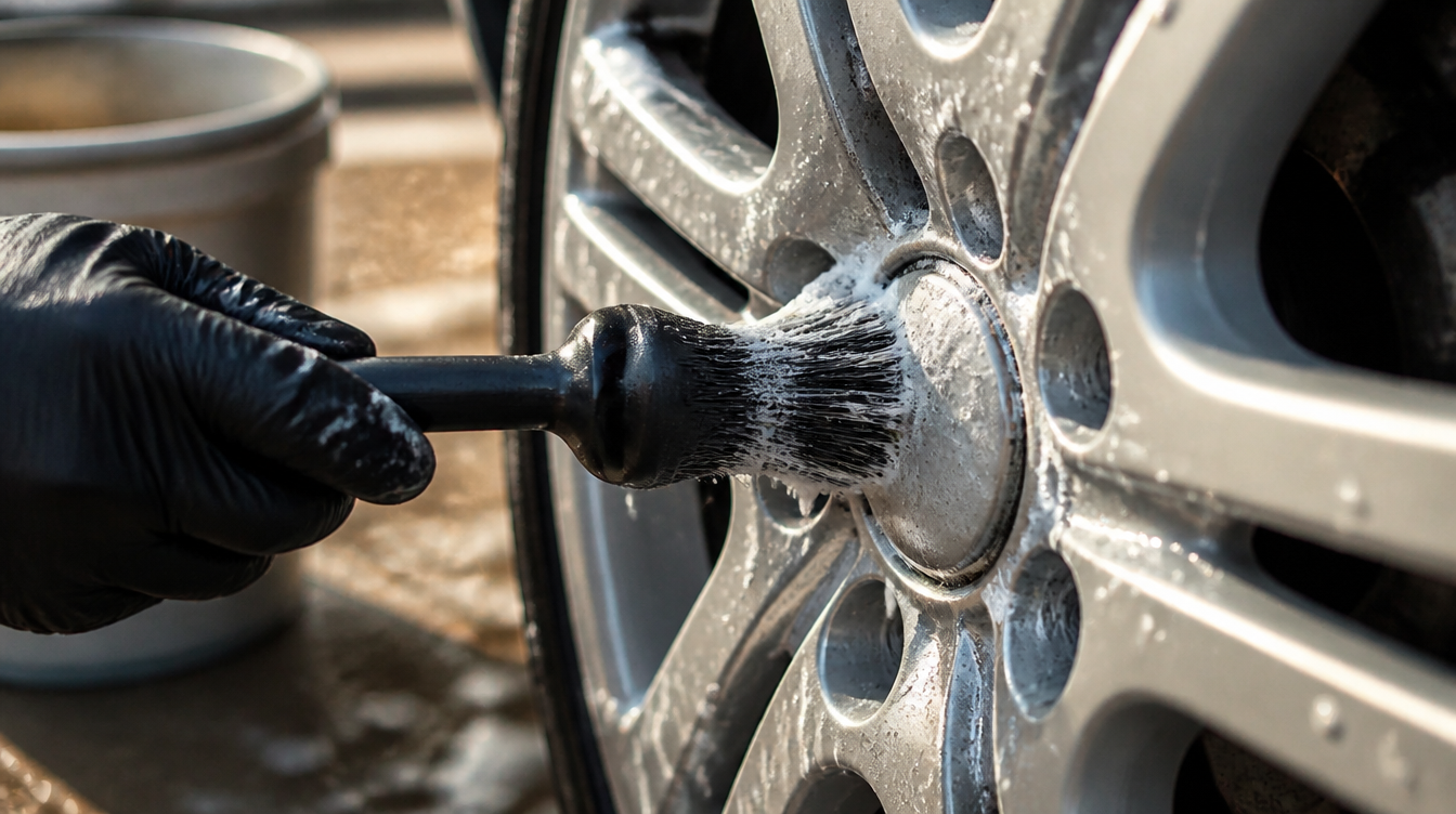 Nettoyage du centre d'une jante alu à la brosse douce et à la mousse