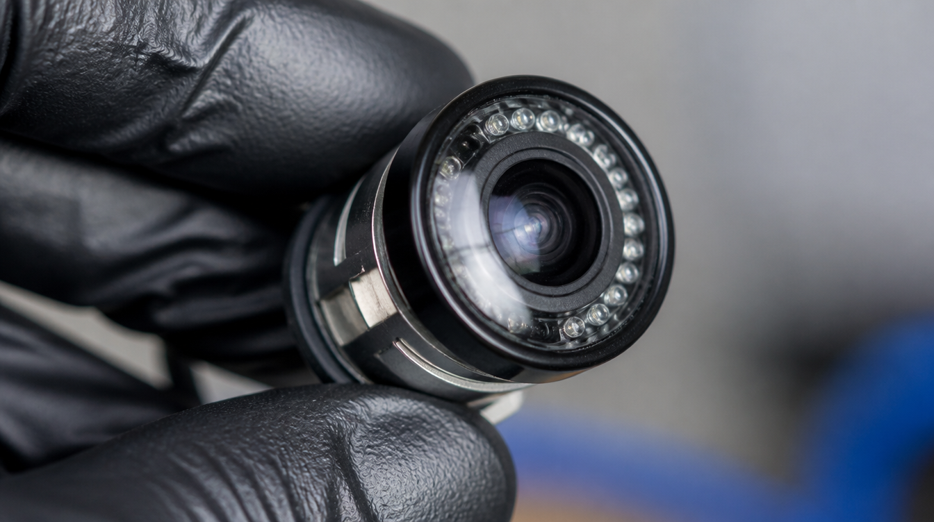 Macro de l'objectif grand-angle d'une caméra de recul voiture tenue dans une main gantée