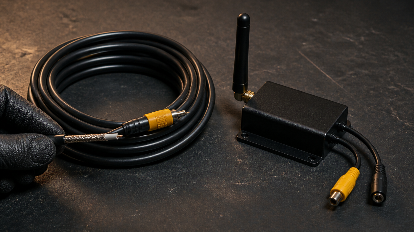 Câble coaxial blindé d'une caméra de recul filaire à côté d'un module émetteur sans fil