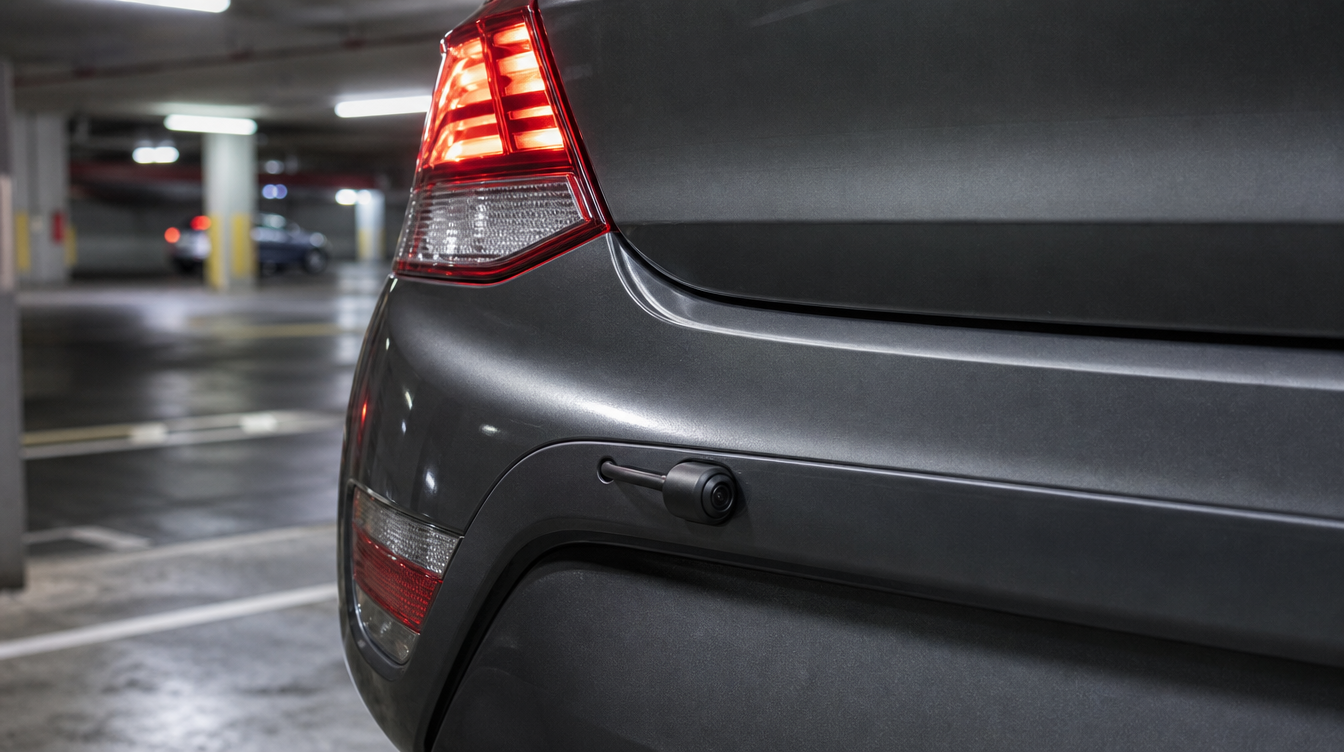 Caméra de recul voiture cylindrique montée sur le pare-chocs arrière d'une compacte dans un parking souterrain