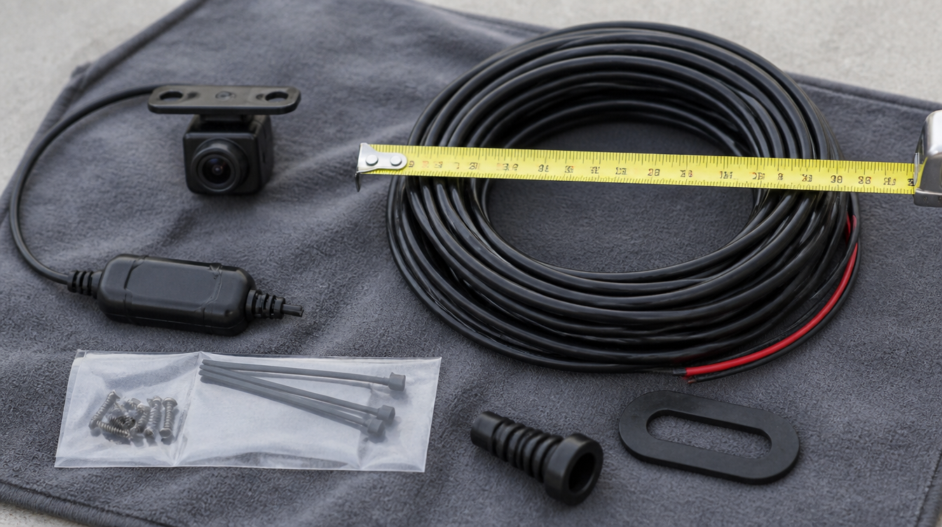 Contenu complet d'un kit caméra de recul voiture étalé sur un chiffon avec un mètre ruban