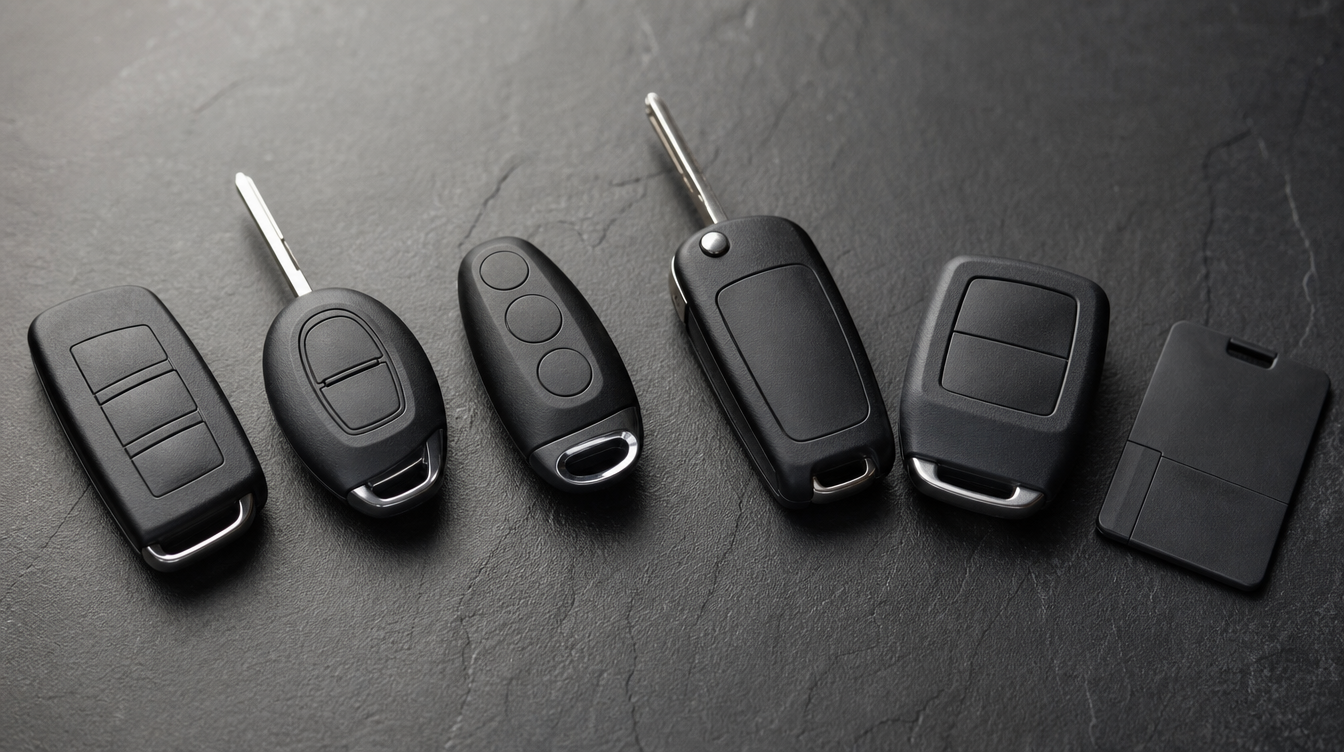 Six coques de clé de voiture de formes différentes alignées sur une ardoise : rectangulaire, ovale, en goutte d'eau et pliante