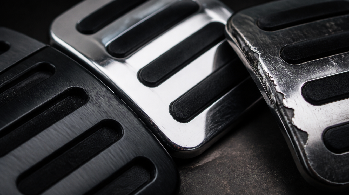 Comparaison macro d'un cache-pédale en aluminium anodisé, d'un inox poli et d'un ABS chromé qui s'écaille