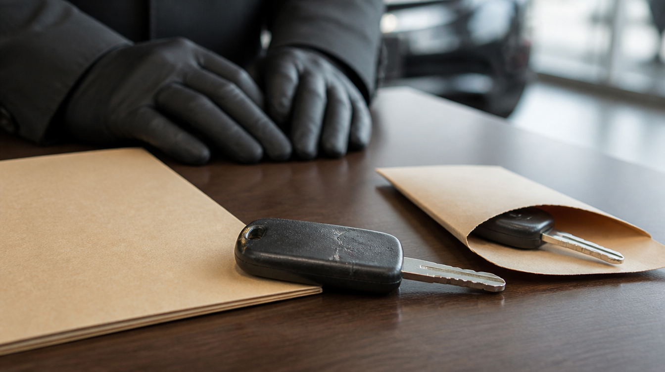 Deux clés de voiture d'occasion dépareillées posées sur un bureau, dont une fissurée