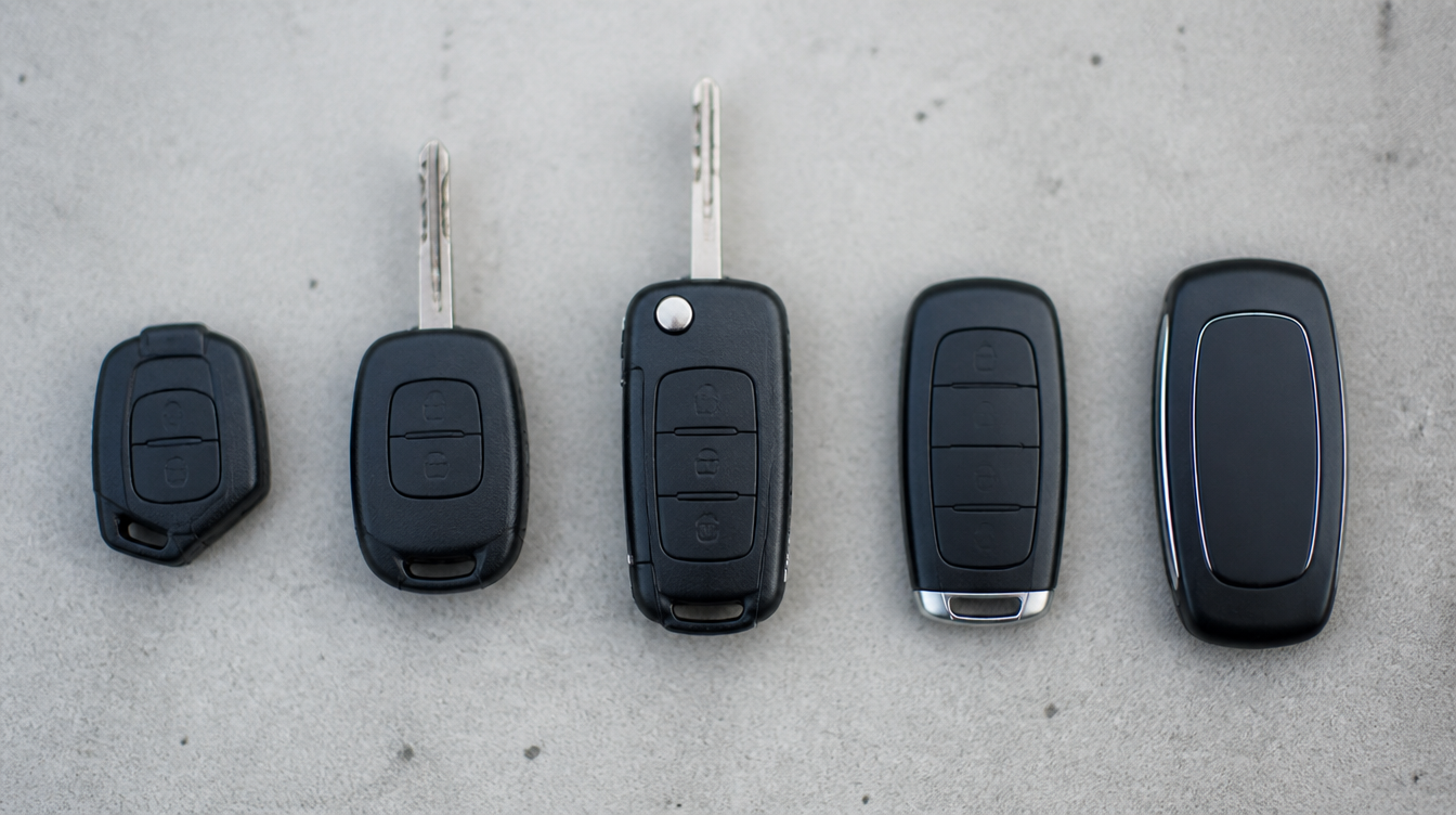 Cinq coques de clé de voiture de générations différentes alignées pour comparaison