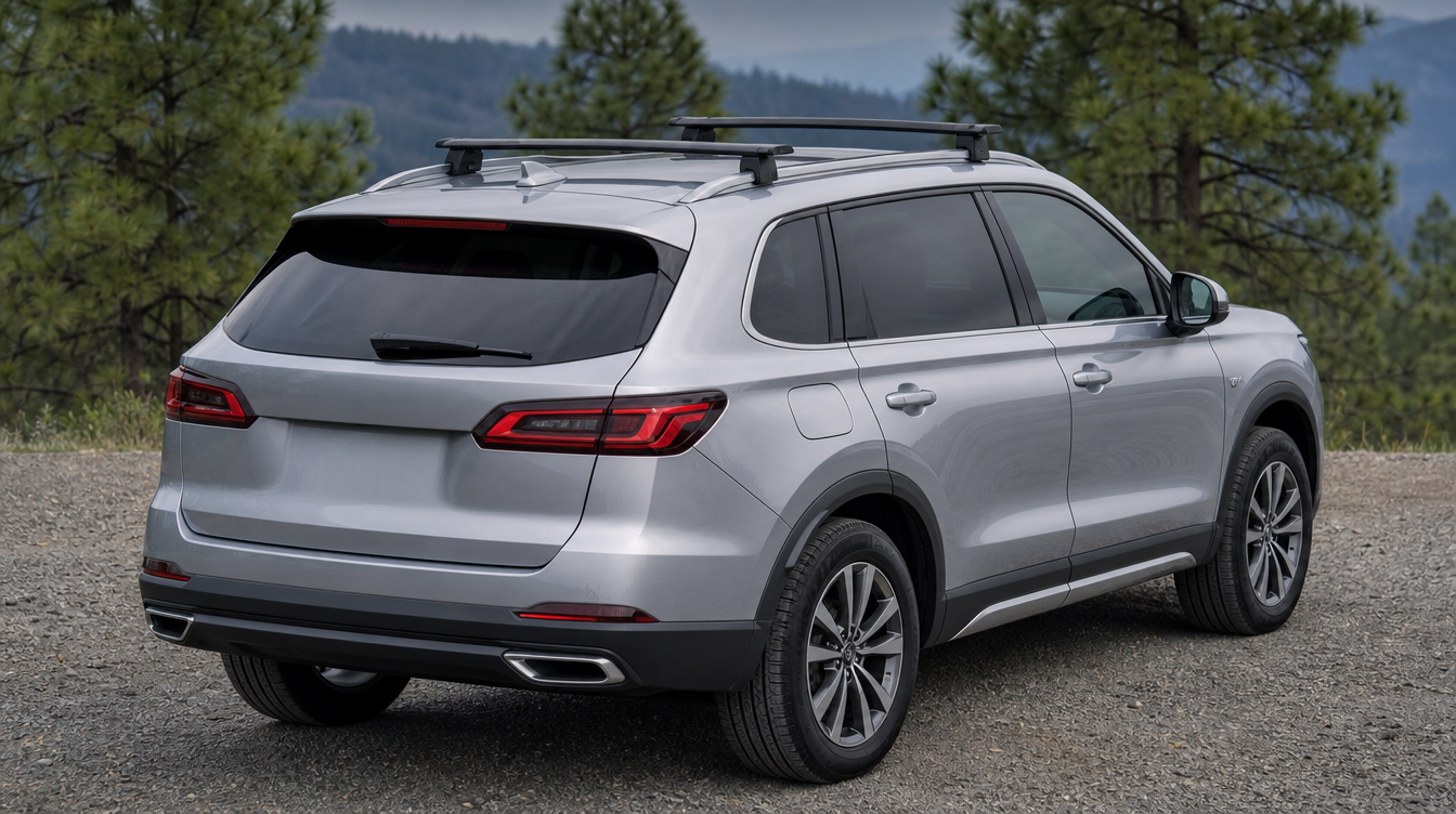 SUV familial équipé de barres de toit universelles à profil aéro sur ses rails longitudinaux