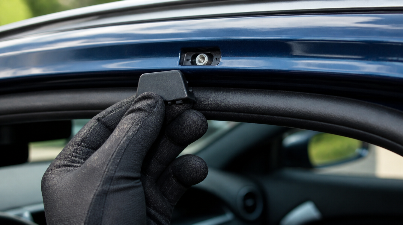 Cache soulevé dans l'encadrement de porte révélant un point d'ancrage fixe de toit