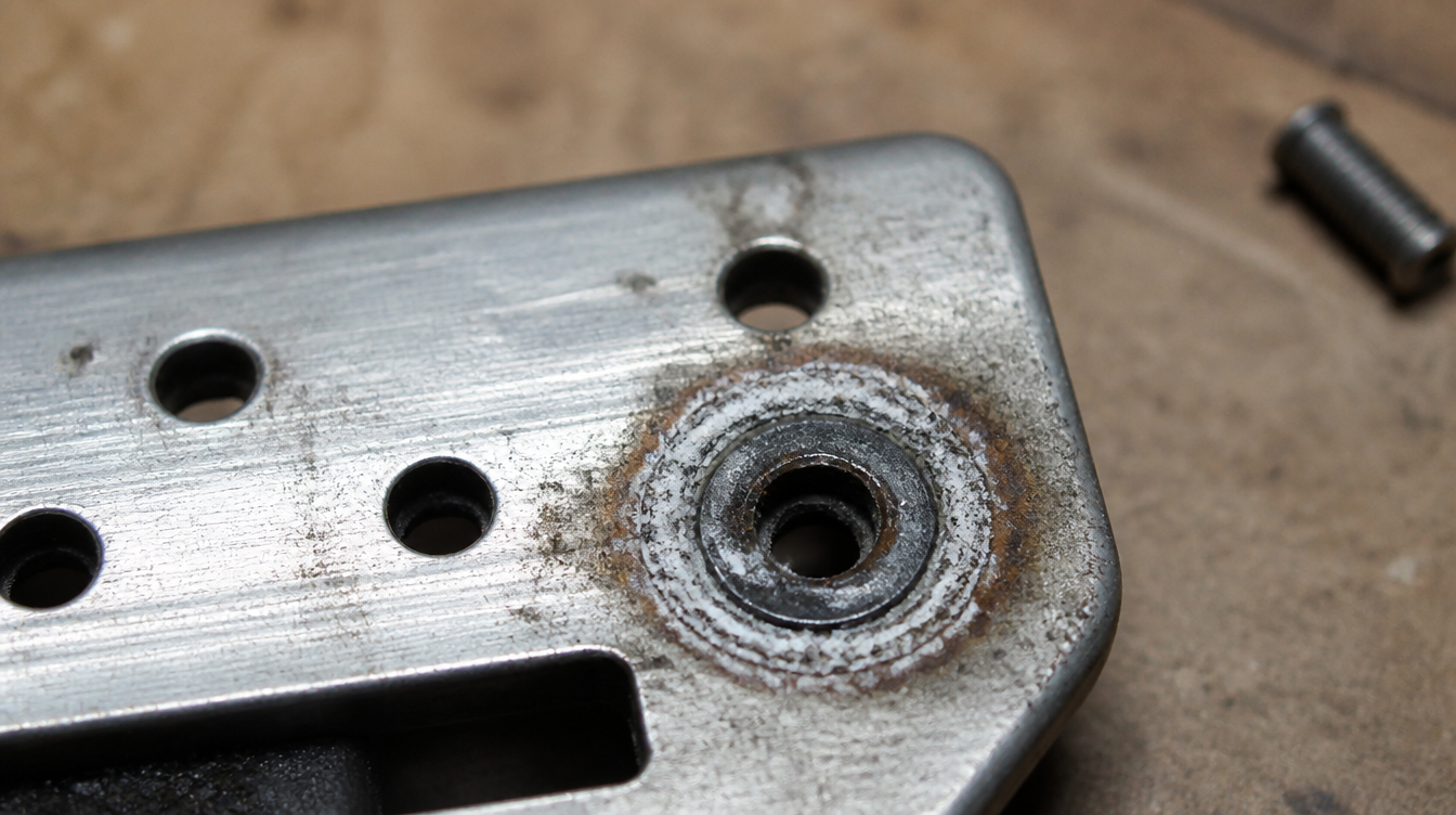 Dépôt blanc de corrosion galvanique autour d'une vis acier sur un cache-pédale en aluminium