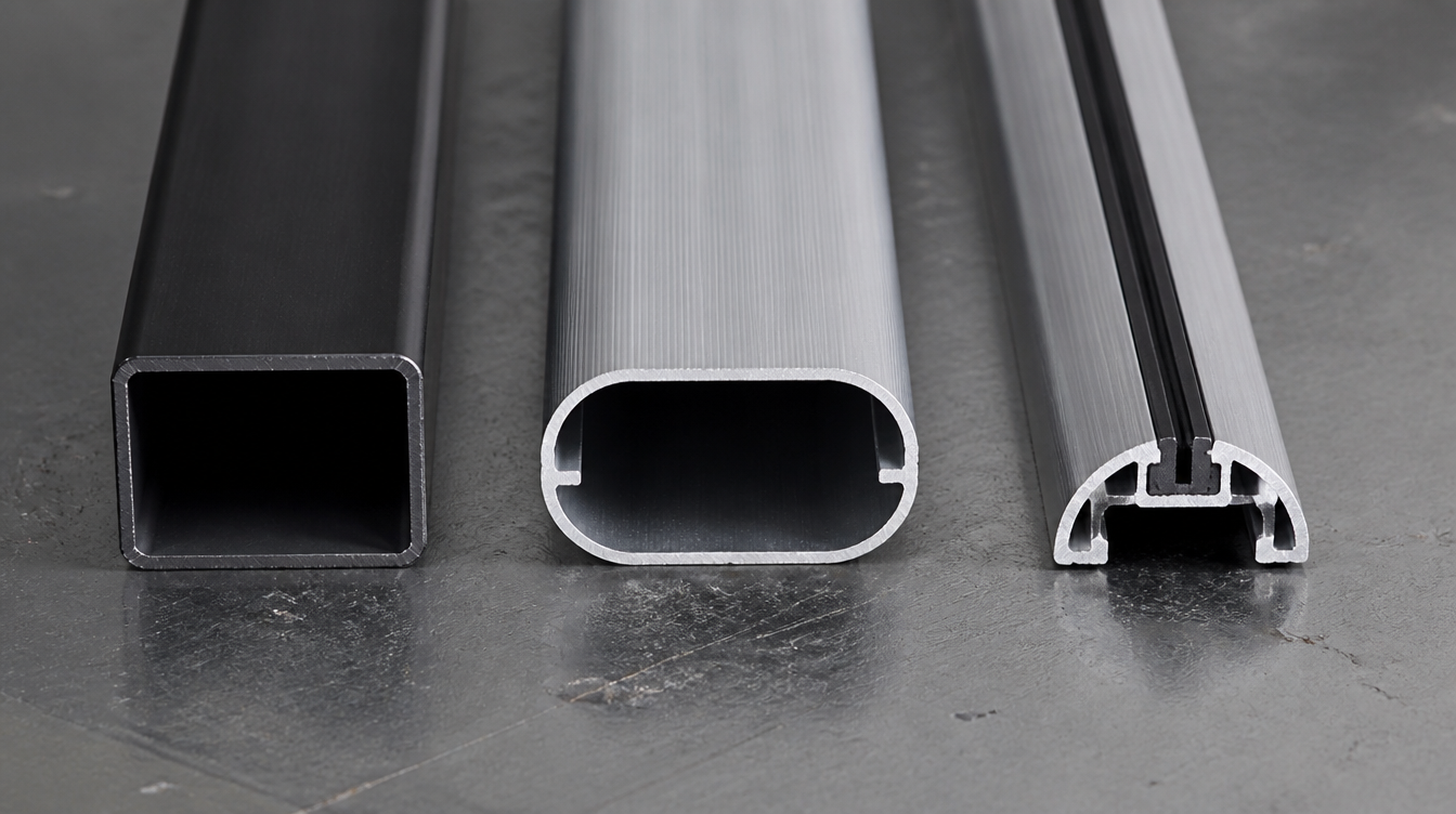 Trois profils de barre de toit côte à côte : acier carré, aluminium ovale et profil aéro