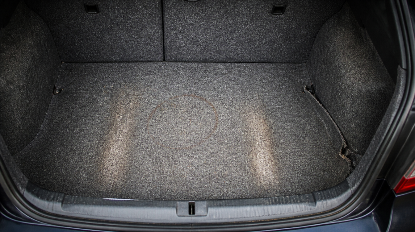Moquette de coffre de voiture tachée et lustrée faute de tapis de coffre