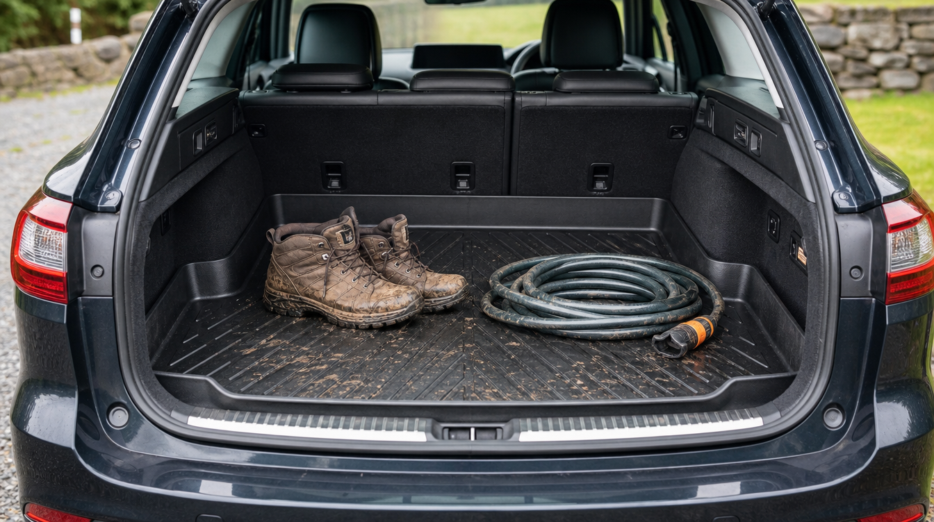Tapis de coffre voiture en caoutchouc à rebords hauts installé dans le coffre d'un break — tapis de coffre pour voiture