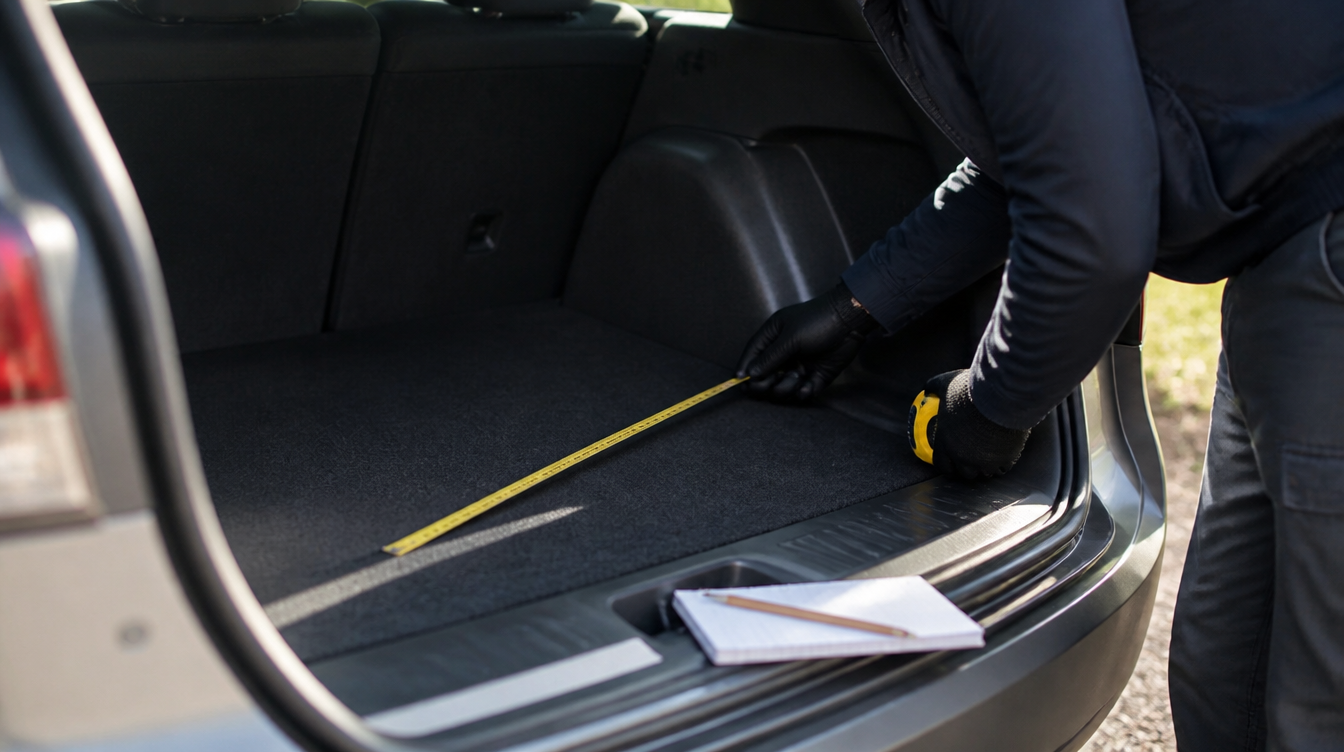 Prise des cotes d'un coffre de voiture au mètre ruban avant l'achat d'un tapis de coffre