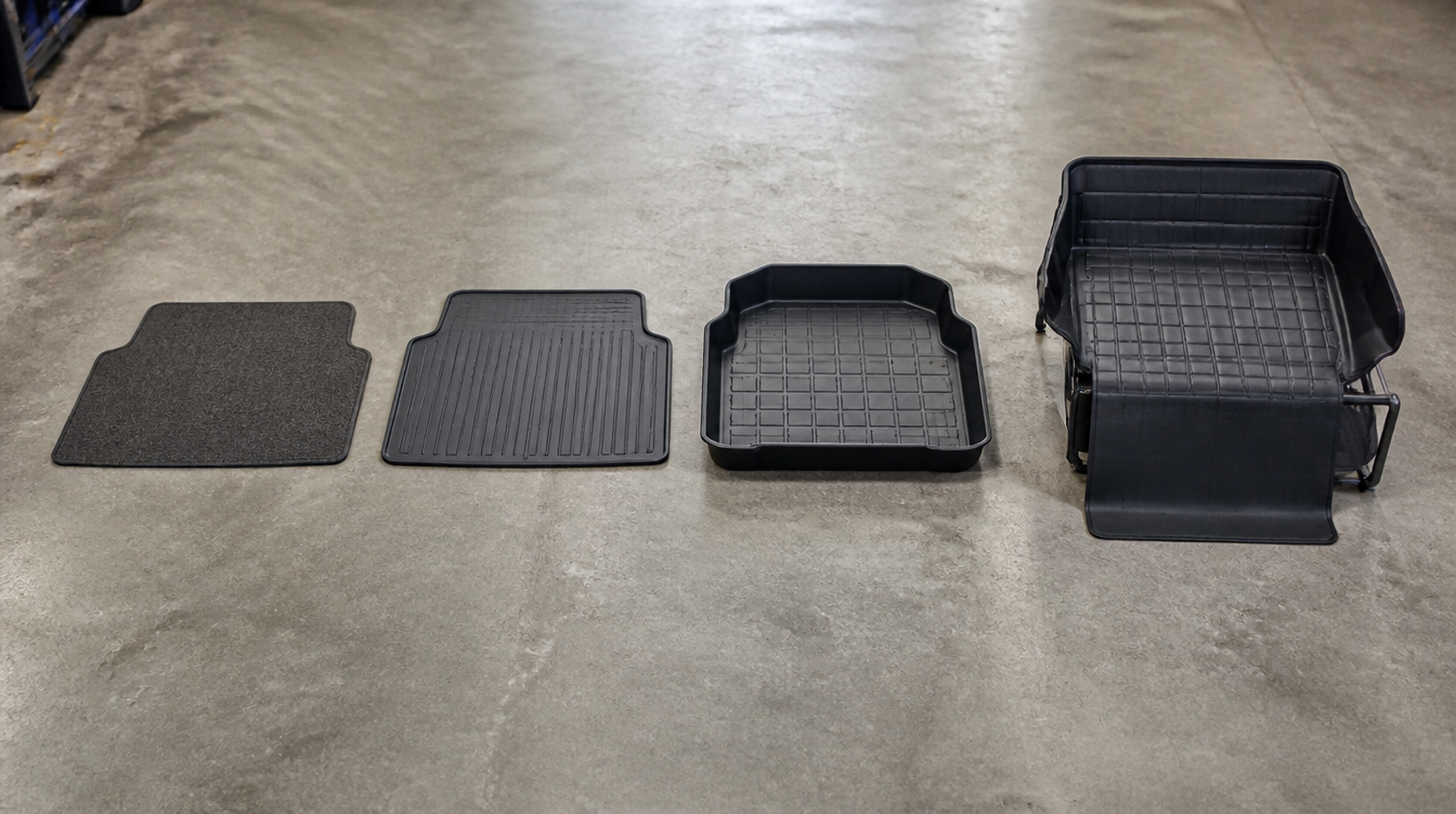 Les quatre familles de tapis de coffre voiture alignées : moquette, caoutchouc plat, bac moulé et housse intégrale