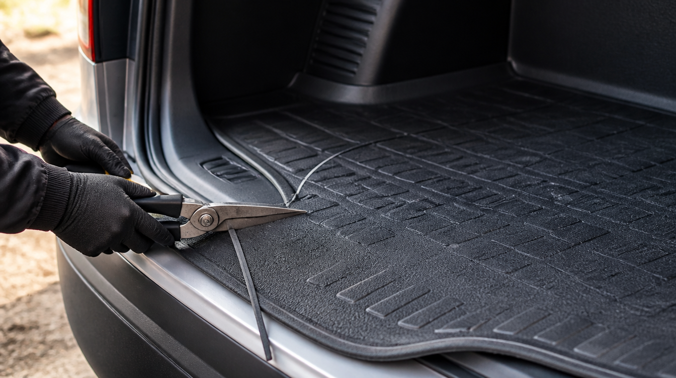 Découpe aux ciseaux d'un tapis de coffre voiture universel le long de son guide moulé