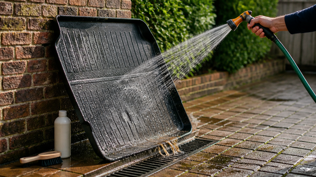 Tapis de coffre en caoutchouc rincé debout au jet d'eau contre un mur