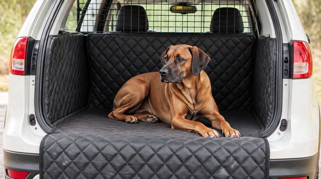 Chien couché dans un coffre de break équipé d'une housse de coffre antidérapante à joues hautes