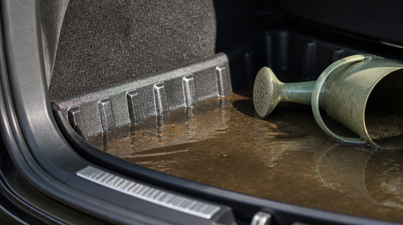 Eau boueuse retenue dans le bac d'un tapis de coffre voiture à rebords hauts