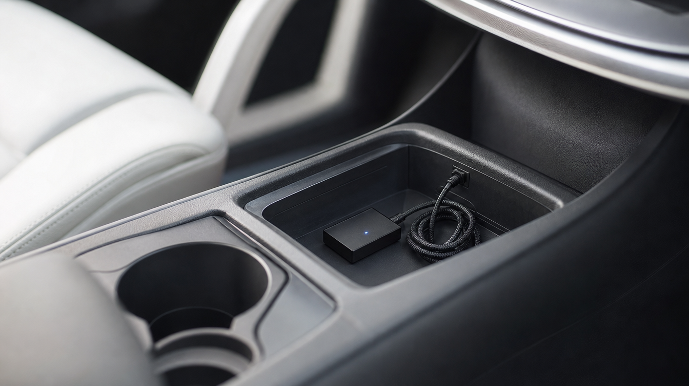 Boîtier CarPlay sans fil branché sur le port USB de la console centrale d'une voiture moderne