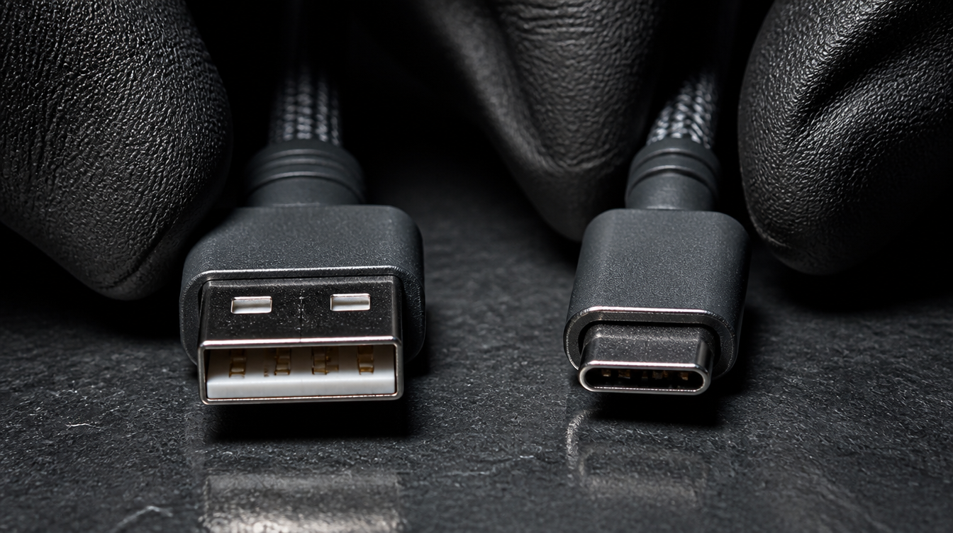 Comparaison macro entre une fiche USB-A et une fiche USB-C pour boîtier CarPlay sans fil