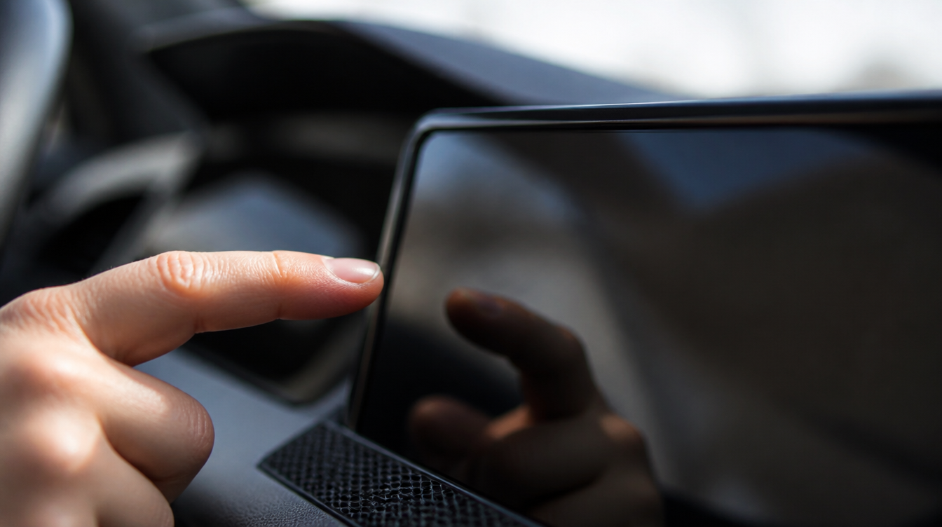 Doigt approchant l'écran multimédia éteint d'une voiture, illustrant la latence tactile d'un boîtier CarPlay sans fil