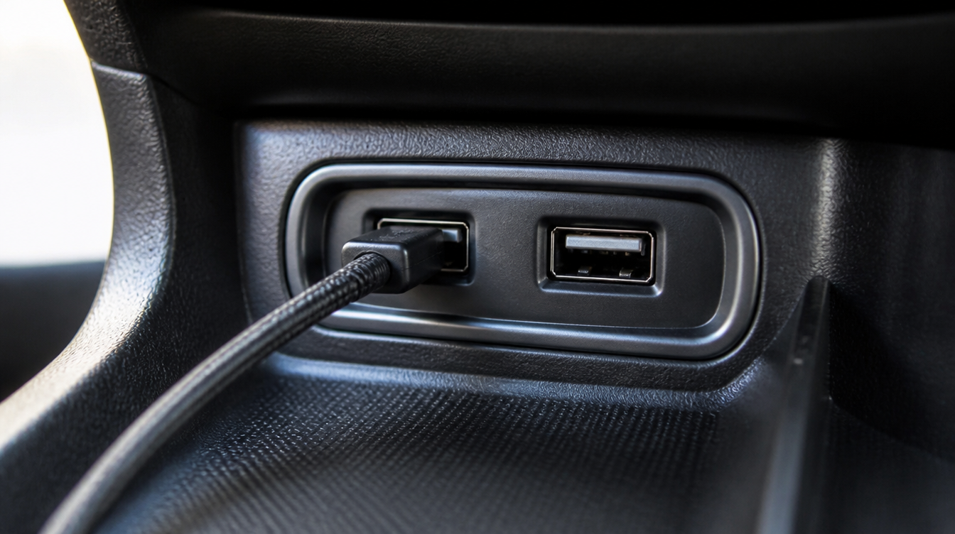 Port USB de données de la console centrale, seul point de branchement possible pour un boîtier CarPlay sans fil