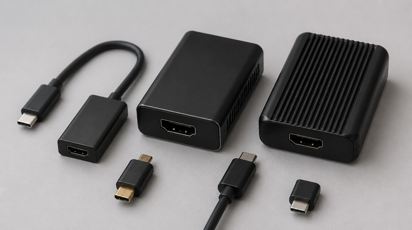 Trois formats de boîtier CarPlay sans fil alignés : dongle simple, boîtier ventilé et modèle à dissipateur