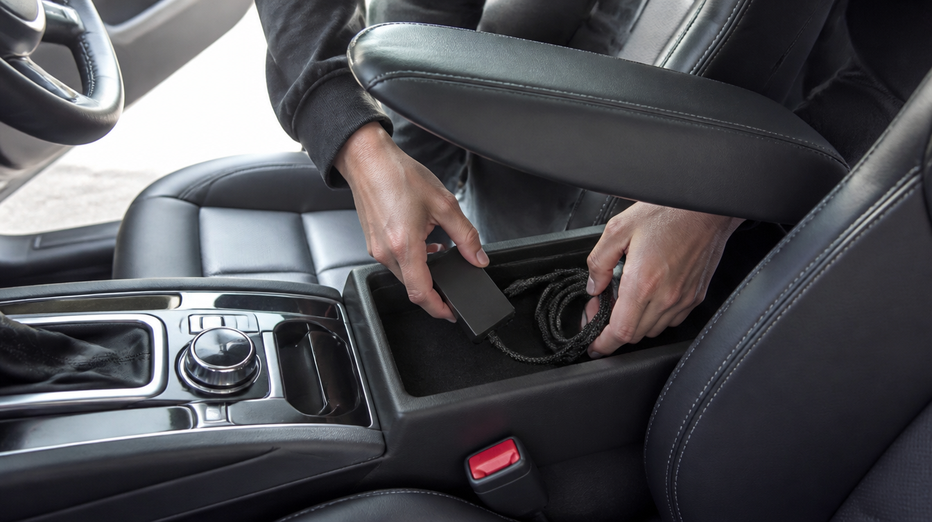 Boîtier CarPlay sans fil rangé dans le compartiment sous l'accoudoir central avec son câble lové