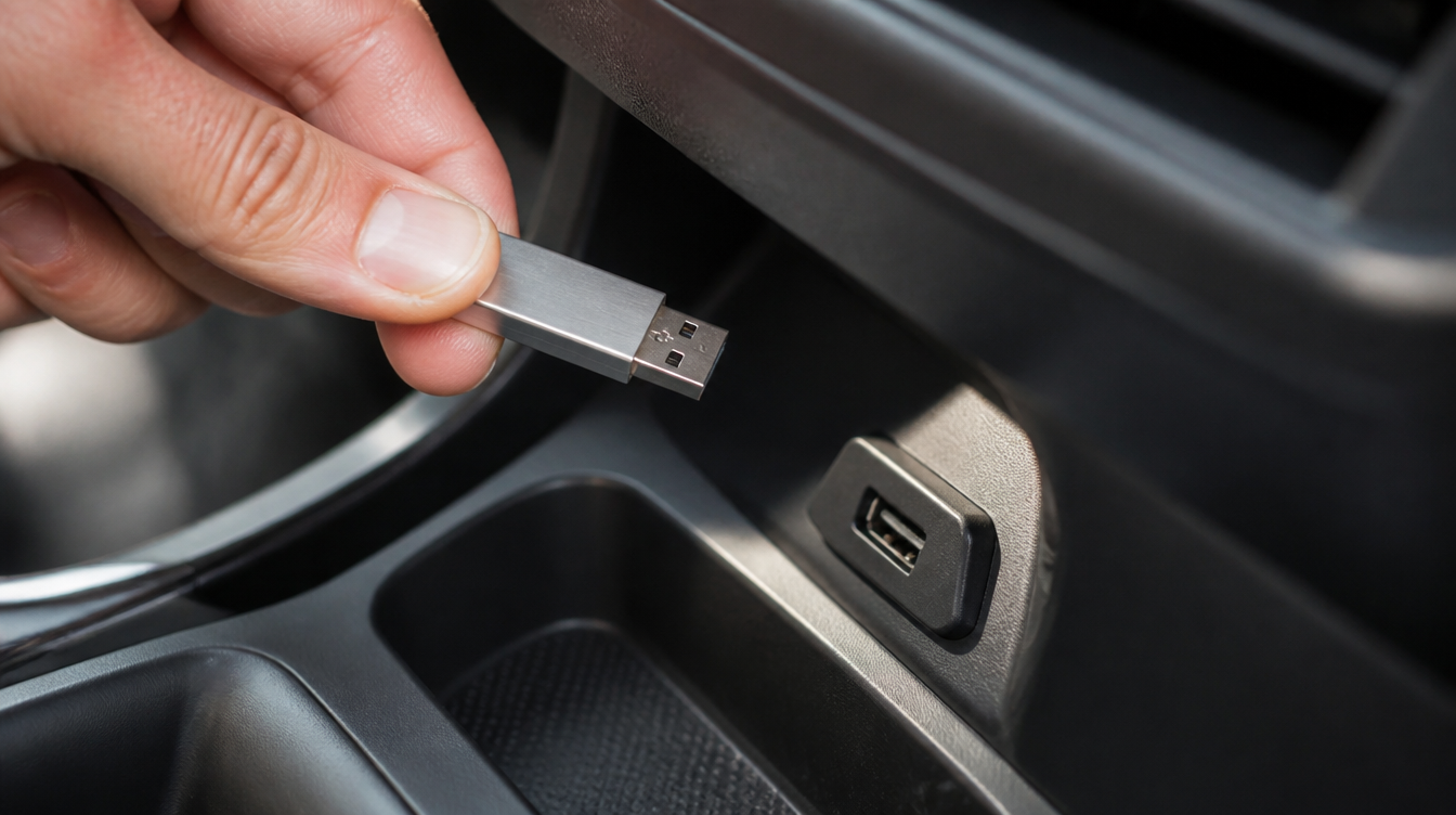Clé USB prête à être insérée dans le port de la console pour la mise à jour d'un boîtier CarPlay sans fil