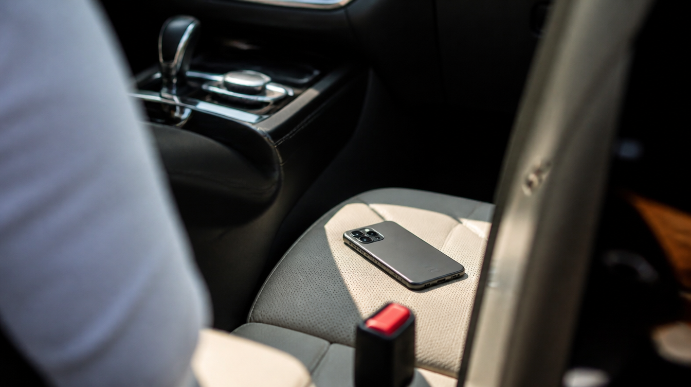 Smartphone posé face contre le siège pendant que le boîtier CarPlay sans fil assure la liaison