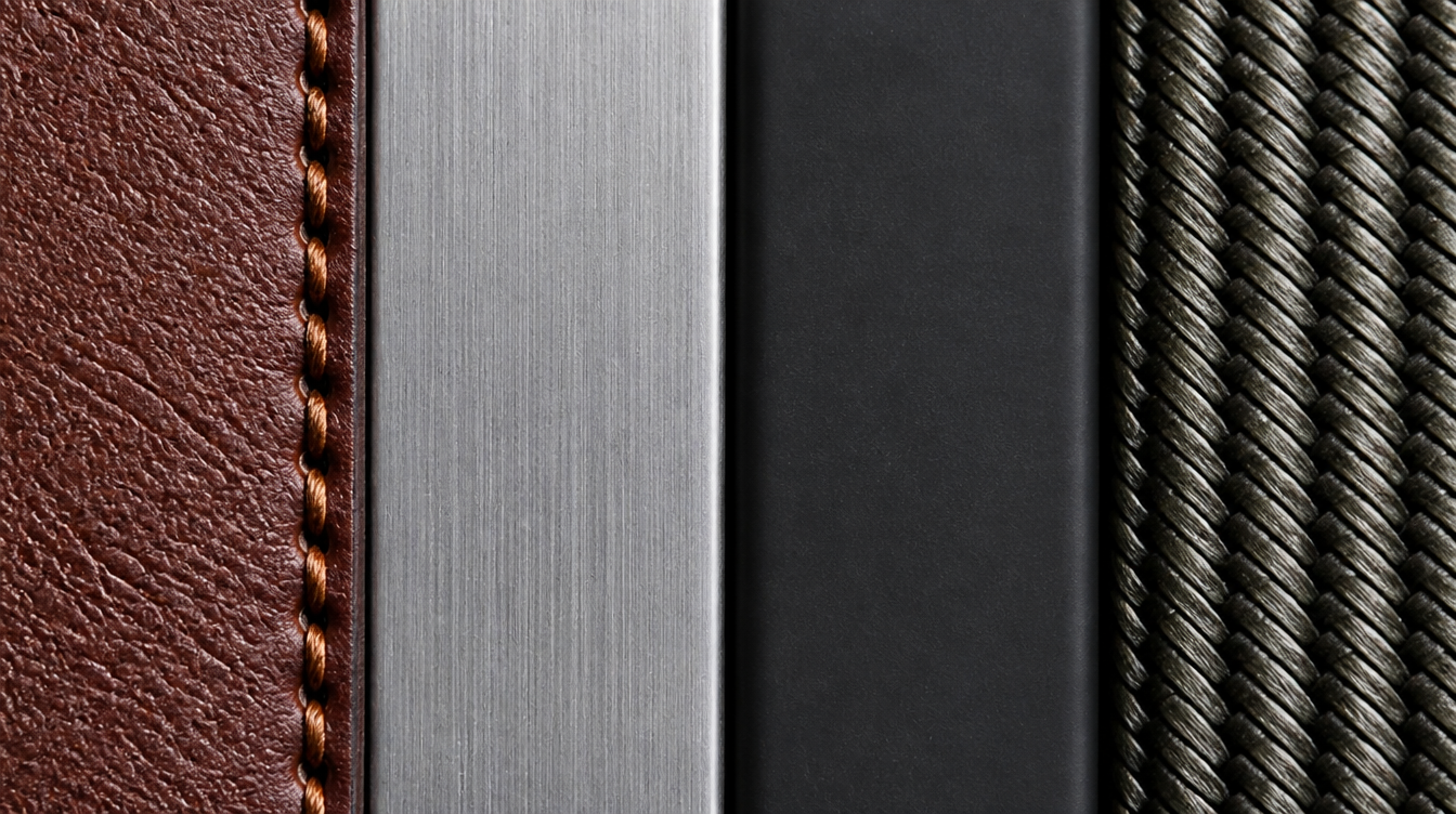Quatre matières de porte-clés voiture côte à côte : cuir, aluminium, silicone et paracorde