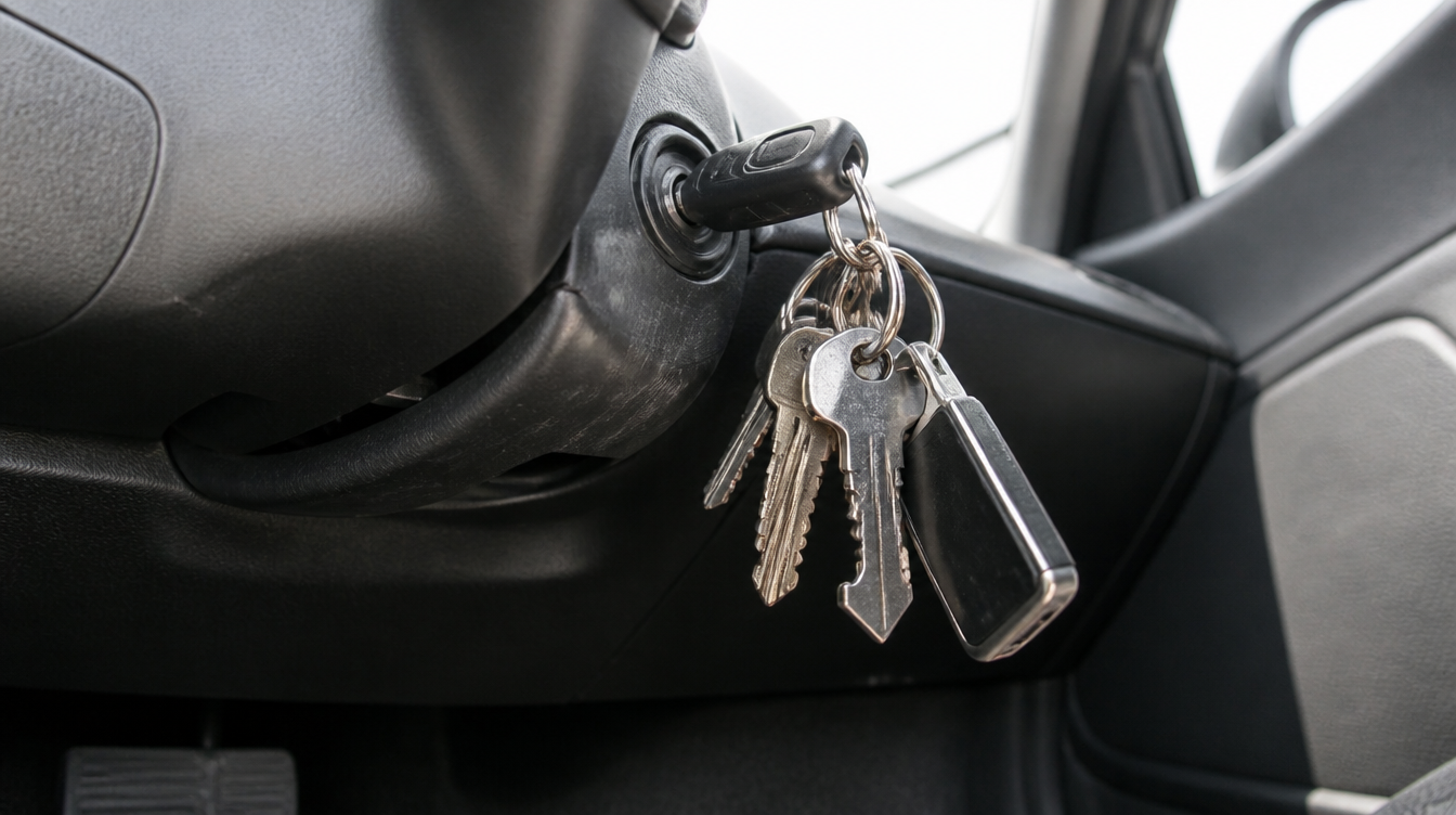Trousseau surchargé pendu à la clé restée dans le contacteur d'une voiture