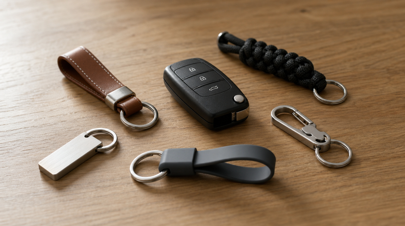 Cinq porte-clés voiture en cuir, métal, silicone, paracorde et mousqueton disposés autour d'une clé de voiture