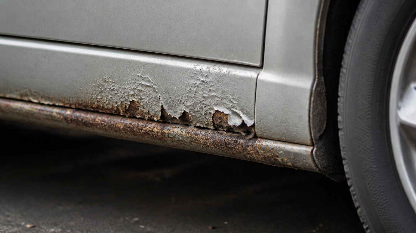 Bas de caisse de voiture rongé par la rouille, peinture cloquée et écaillée