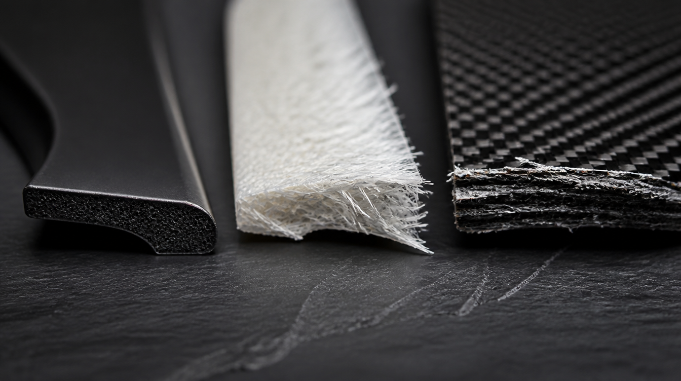 Trois échantillons de carrosserie cassés : plastique moulé, fibre de verre et carbone