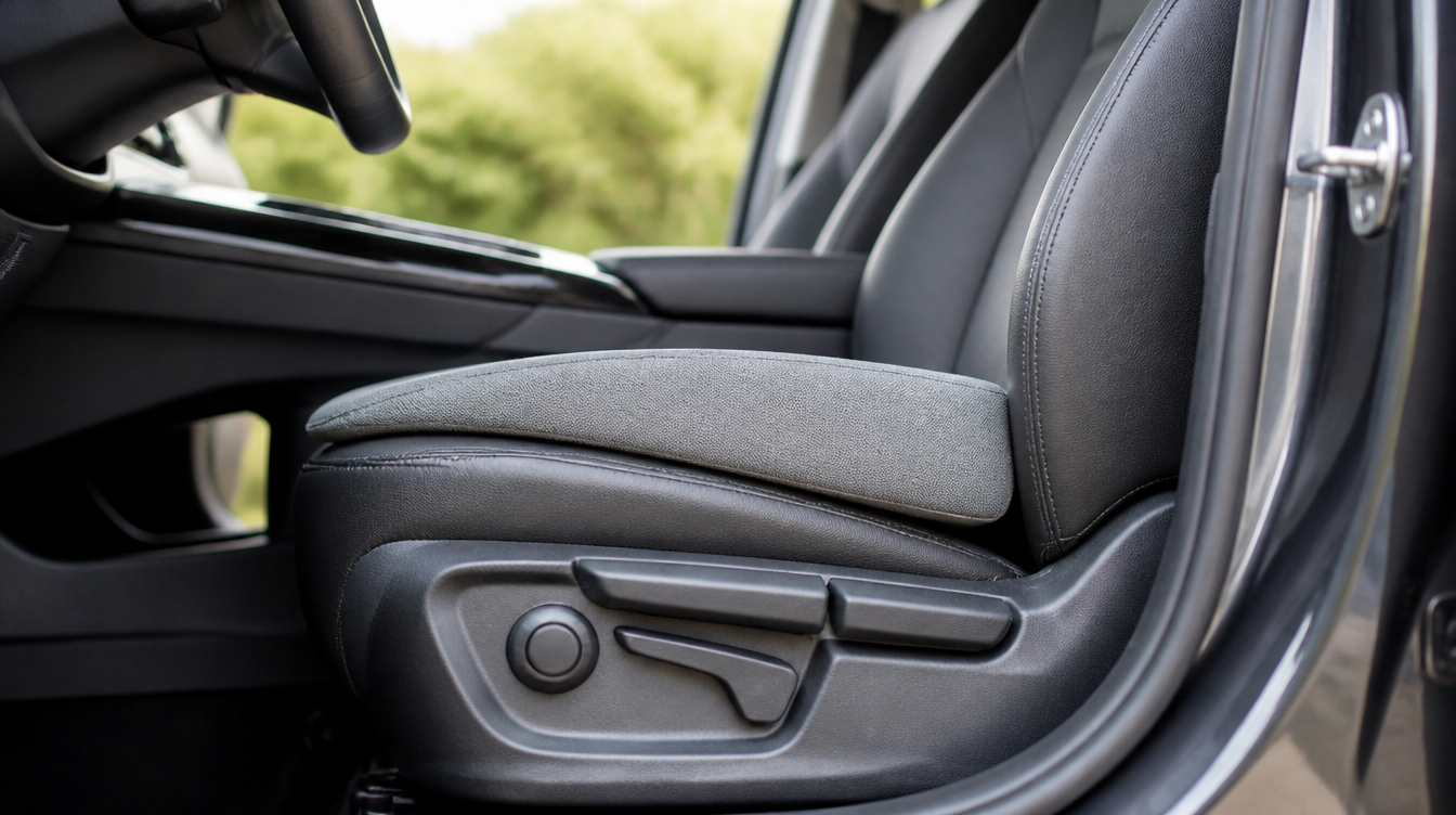 Coussin de siège voiture cunéiforme posé de profil sur une assise, plus épais à l'arrière